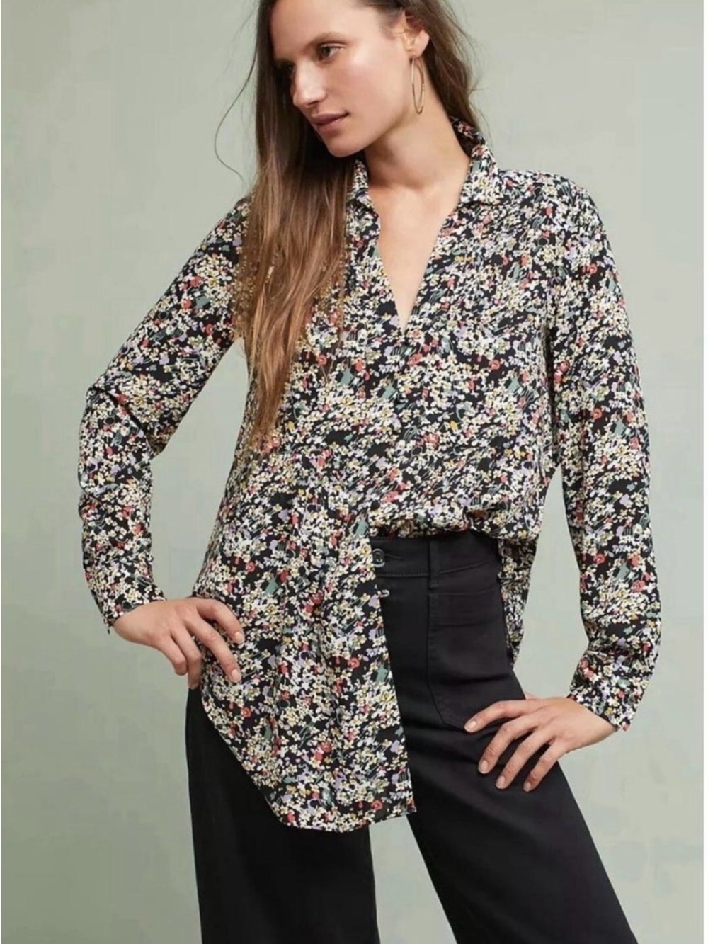 Maeve Black Floral Long sleeve Shirt with Red and Cream Blooms